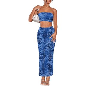 BEAUDRM Women's 2 Piece Outfits Floral Print Strapless Tube Crop Top and High Waist Bodycon Long Skirt Set
