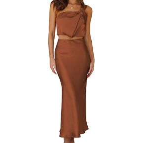 ODIZLI Women's Satin Silk One Shoulder Crop Top and High Waist Maxi Skirt 2 Pieces Sets for Party Holiday Bridesmaid