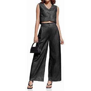 Cicy Bell Womens 2 Piece Striped Outfits Sleeveless V Neck Blazer Vest and Loose Wide Leg Pants Suit in Saudi Arabia