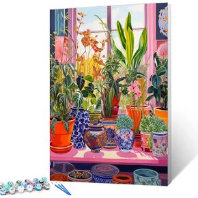 Colorful Array of Potted Plants Paint by Numbers for Adults Beginner Kids Window Sill Landscape Oil Painting Kit on Canvas with Brushes Acrylic Pigment Arts Home Decor 16x20In (DIY Frame)