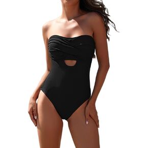 Pink Queen Women Strapless One Piece Swimsuit Twisted Tummy Control High Cut Bathing Suit Swimwear
