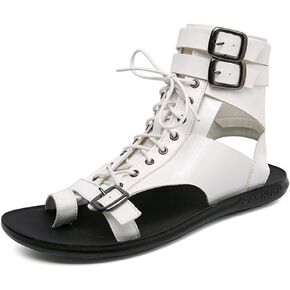 UGOSELEC Men's Leather Gladiator Sandals Roman Sandals,Casual Non-slip Breathable Lace Up Buckle Versatile High Top Beach Shoes