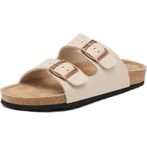 Genuine Leather Unisex Cork Footed Flat Slide Sandals with Arch Support, Men and Women’s Double Buckle Memory Foam Slide for Beach Summer Vacation