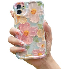 Mouzor Cute Case for iPhone 13 Pro Max, Colorful Retro Oil Painting Printed Flowers Case, Fashion TPU floral Laser Beam Glossy Pattern Curly Waves Frame Shockproof Protective Case Cover for Girl Women