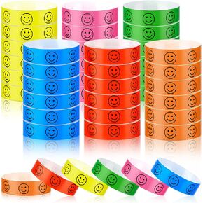 600 Pcs Smile Face Wristbands Paper Wristbands for Events Smile Face Pattern Paper Bracelet Neon Wristbands for Men and Women, Red, Green, Blue