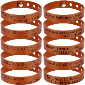 TXIN 10 Pieces PU Leather Bible Verse Bracelets Religious Scripture Wristbands, Adjustable Motivational Christian Gifts for Men Women Teens Party Favors(Brown)