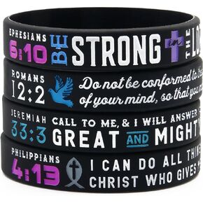 Ezekiel Gift Co. Power of Faith Bible Verse Wristbands - Set of 4 Silicone Bracelets with Christian Symbols and Scriptures - Religious Jewelry for Her Women