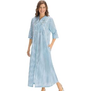 Collections Etc Women's Seersucker Embroidered Floral Lounger Blue Small