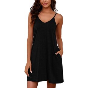 Marvmys Womens Cotton Sleeveless Nightgown Spaghetti Strap V Neck Full Slip Sleep Dress with Pockets