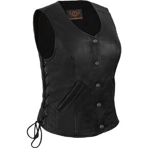 True Element Womens Longer Length Motorcycle Leather Vest With Side Laces (Black, Sizes XS-3XL)