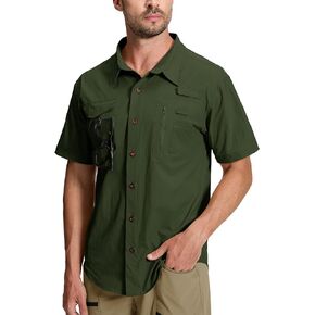 Mens Fishing Shirts UPF 50+ Lightweight Casual Hiking Shirts Button Down Short Sleeve Shirt with Zipper Pockets