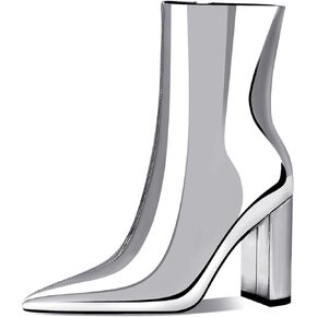 Women's Fashion Silver Chunky Ankle Boots Pointed Toe High Heel Metal Mirror Short Booties
