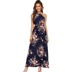 Floerns Women's Sleeveless Halter Neck Vintage Floral Print Maxi Dress