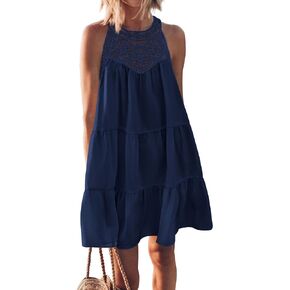 KIRUNDO Womens Summer Casual Sleeveless Halter Sundress 2024 Hollow Out Tiered Swing A Line Mini Beach Vacation Dresses