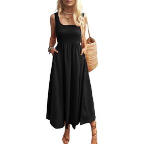 Women's Maxi Dress Summer Sleeveless Swing Sundress Casual Loose Tank Long Dresses with Pockets
