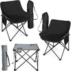 HaSteeL Camping Chairs Set for Adults, 2 Black Folding Moon Chairs & 1 Lightweight Camp Table, with Side Pockets & Cup Holders, Carrying Bags Portable for Outdoor Travel Beach Backyard Fishing Hiking