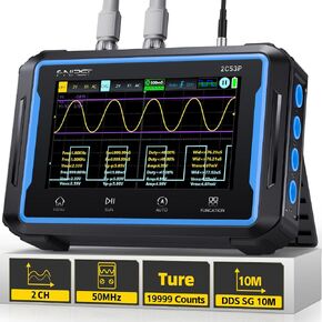 FNIRSI 2C53P Handheld Tablet Oscilloscope Multimeter DDS Signal Generator 3 in 1, 2CH Automotive Oscilloscope Multimeters with 50Mhz Bandwidth, 19999 Counts, 250MS/s Sampling, 4.3 inch Touch Screen