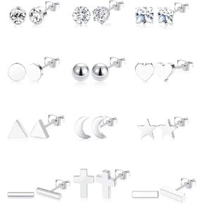 Ofeiyaa 12 Pairs Stainless Steel Earrings Stud Geometric Earrings Set Star Moon Cross Ball Triangle Heart Clear CZ Stud for Womens Silver Rose Gold Tone