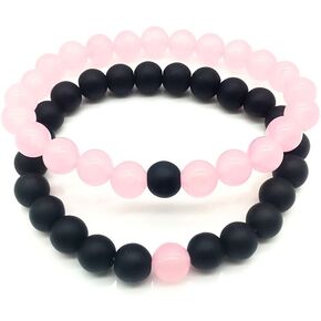 Set of 2 Womens Mens 8mm Handmade Couples Distance Beads Bracelets Friendship Couple Jewelry Round Energy Stone Beads Gemstone Beaded for Valentine Birthday (Pink chalcedony & Black Matte Agate)