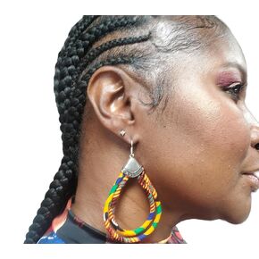 African Cloth Double Loop Earrings - Women's Ankara & Kente Afrocentric Hoop Earrings.