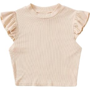 OYOANGLE Girl's Rib Knit Cap Sleeve Mock Neck Ruffle Trim Tee Tops Casual Solid Tee Shirts