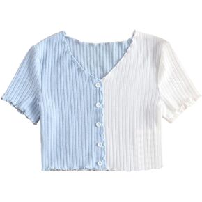 SOLY HUX Girl's Color Block Ribbed Knit Button Front Summer Tee Short Sleeve V Neck T Shirt Crop Tops in Saudi Arabia