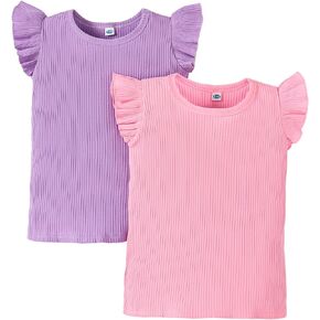 LYSMuch Toddler Girls Ribbed Short Sleeve Ruffle Shirt T-Shirt 2-Pack 2-6T