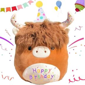 12'' Happy Birthday Highland Cow Plush Toy, Soft Birthday Scottish Highland Cow Stuffed Animal Cute Cow Plushies Pillow Gifts for Girls Birthdays, Valentines Day