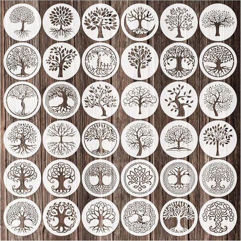 36 قطعة من استنسل شجرة الحياة، استنسلات شجرة مستديرة قابلة لإعادة الاستخدام مقاس 10.16 سم للرسم على الخشب والبلاستيك ورسم شجرة طبيعية لأعمال صناعة الأكواب القماشية (شجرة) in Kuwait