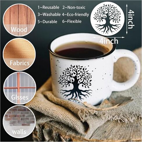 36 قطعة من استنسل شجرة الحياة، استنسلات شجرة مستديرة قابلة لإعادة الاستخدام مقاس 10.16 سم للرسم على الخشب والبلاستيك ورسم شجرة طبيعية لأعمال صناعة الأكواب القماشية (شجرة) in Kuwait