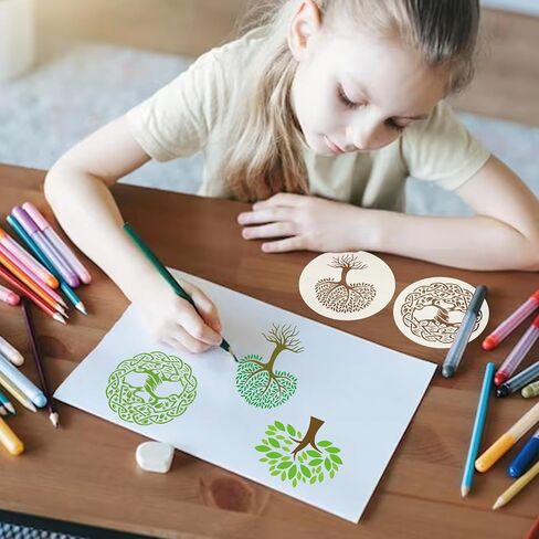 36 قطعة من استنسل شجرة الحياة، استنسلات شجرة مستديرة قابلة لإعادة الاستخدام مقاس 10.16 سم للرسم على الخشب والبلاستيك ورسم شجرة طبيعية لأعمال صناعة الأكواب القماشية (شجرة) in Kuwait