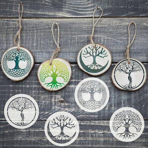 36 قطعة من استنسل شجرة الحياة، استنسلات شجرة مستديرة قابلة لإعادة الاستخدام مقاس 10.16 سم للرسم على الخشب والبلاستيك ورسم شجرة طبيعية لأعمال صناعة الأكواب القماشية (شجرة) in Kuwait