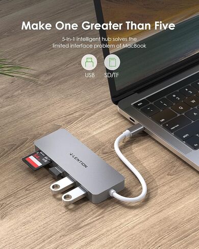 LENTION 5-in-1 USB-C Hub, USB3.0, Card Reader, 1ft Cable, Multiport Adapter in Kuwait