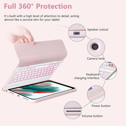 حافظات MMK Samsung Galaxy Tab A8 مع لوحة مفاتيح 10.5 بوصة، لوحة مفاتيح لاسلكية بلوتوث بإضاءة خلفية، حافظة رفيعة خفيفة الوزن مع لوحة مفاتيح لجهاز Galaxy Tab A8 10.5 بوصة (SM-X200/X205/X207) - وردي in Kuwait
