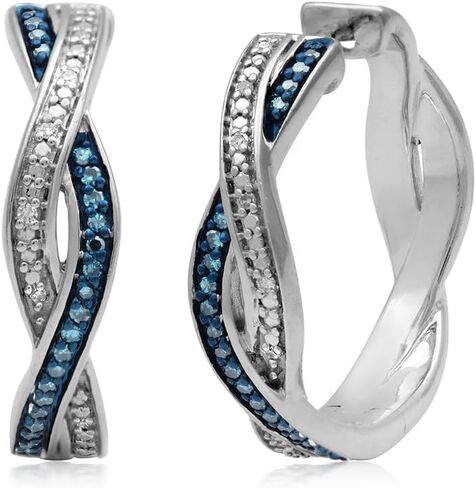 Jewelili Sterling Silver Twisted Hoop Earrings with Treated Blue and Natural White Round Diamonds, 1/6 Cttw in Saudi Arabia