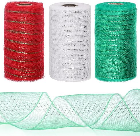 Tanstic 3 Rolls Mesh Ribbon, Christmas Deco Mesh Metallic Red Green White Mesh Ribbon Rolls for Wreaths, Gift Wrapping, Party Decorations (6 Inch x 10 Yards Per Roll) in Saudi Arabia