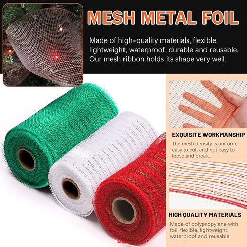 Tanstic 3 Rolls Mesh Ribbon, Christmas Deco Mesh Metallic Red Green White Mesh Ribbon Rolls for Wreaths, Gift Wrapping, Party Decorations (6 Inch x 10 Yards Per Roll) in Saudi Arabia