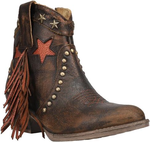 Circle G LADIE'S DISTRESSED BROWN FRINGE & STUDS & LASER ANKLE BOOT ROUND TOE, RUBBER SOLE, URBAN Q0181 in Saudi Arabia