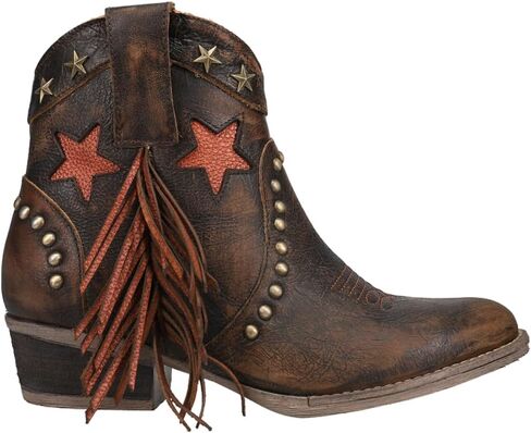 Circle G LADIE'S DISTRESSED BROWN FRINGE & STUDS & LASER ANKLE BOOT ROUND TOE, RUBBER SOLE, URBAN Q0181 in Saudi Arabia