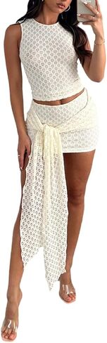 THLAI طقم نسائي مكون من قطعتين تنورة علوية بدون أكمام ملابس لقضاء العطلات على الشاطئ أطقم تنورة صغيرة مربوطة in Kuwait
