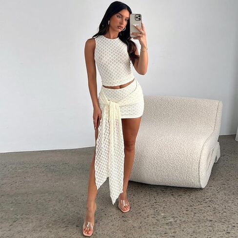 THLAI طقم نسائي مكون من قطعتين تنورة علوية بدون أكمام ملابس لقضاء العطلات على الشاطئ أطقم تنورة صغيرة مربوطة in Kuwait