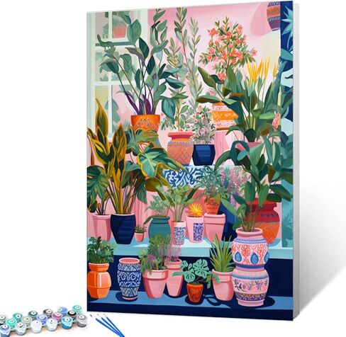 Colorful Array of Potted Plants Paint by Numbers for Adults Beginner Kids Window Sill Landscape Oil Painting Kit on Canvas with Brushes Acrylic Pigment Arts Home Decor 16x20In (DIY Frame) in Kuwait