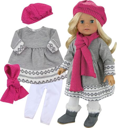 دمية صوفيا مقاس 45.72 سم مكونة من 4 قطع. فستان محبوك باللون الرمادي من Fair Isle، وسروال ضيق أبيض، وقبعة وردية محبوكة، ووشاح وردي مطابق in Kuwait