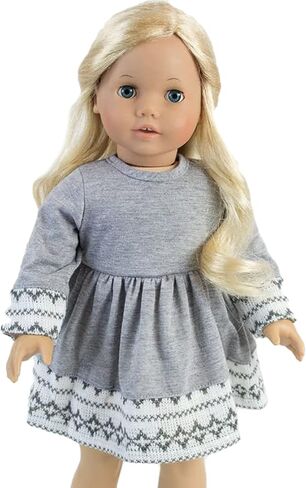 دمية صوفيا مقاس 45.72 سم مكونة من 4 قطع. فستان محبوك باللون الرمادي من Fair Isle، وسروال ضيق أبيض، وقبعة وردية محبوكة، ووشاح وردي مطابق in Kuwait