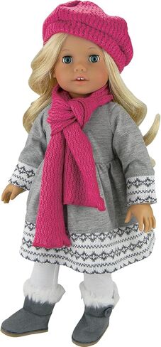 دمية صوفيا مقاس 45.72 سم مكونة من 4 قطع. فستان محبوك باللون الرمادي من Fair Isle، وسروال ضيق أبيض، وقبعة وردية محبوكة، ووشاح وردي مطابق in Kuwait