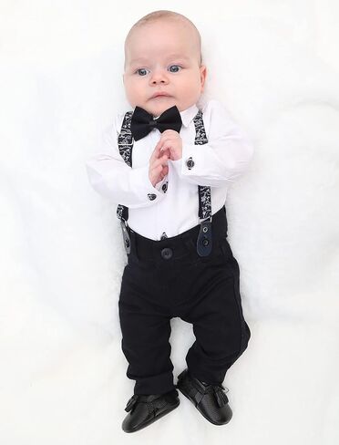 Lilax Baby Boy's Gentleman Outfit, Formal Romper Shirt, Bow Tie, Suspender and Pant Set in Saudi Arabia