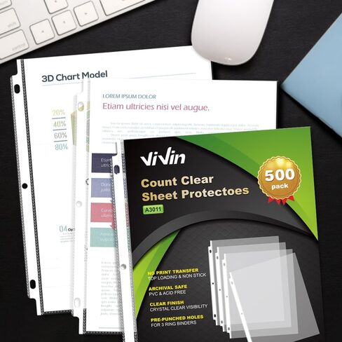 عبوة من 500 قطعة من واقيات الملاءات البلاستيكية من Vivin لـ 3 حلقات، وأكمام شفافة مقاس 8.5 × 11 بوصة، واقيات صفحة التحميل العلوي مع 3 فتحات، مواد فاخرة بسمك 0.05 مم، حجم حرف مناسب للمنزل والمكتب والمدرسة in Kuwait
