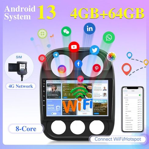 8 Core 4G Network [4G+64G] Car Radio for Jeep Compass Patriot 2010-2016, 10 inch Android 13 Touchscreen Patriot Stereo -Carplay/Android Auto/DSP 32 EQ/IPS Screen/WiFi/SWC/Bluetooth 5.0 in Saudi Arabia
