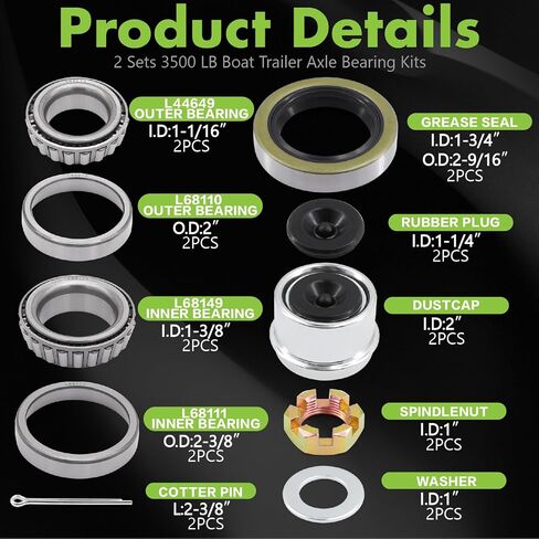 Jeemiter 2 Sets L68149 L44649 Boat Trailer Axle Hub Bearing Kit, Grease Seals, Spindle Nuts, 1.98" Dust Covers and Rubber Plugs, Cotter Pins,Washers for #84 Spindle in Saudi Arabia