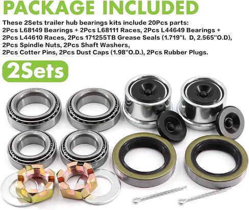 Jeemiter 2 Sets L68149 L44649 Boat Trailer Axle Hub Bearing Kit, Grease Seals, Spindle Nuts, 1.98" Dust Covers and Rubber Plugs, Cotter Pins,Washers for #84 Spindle in Saudi Arabia